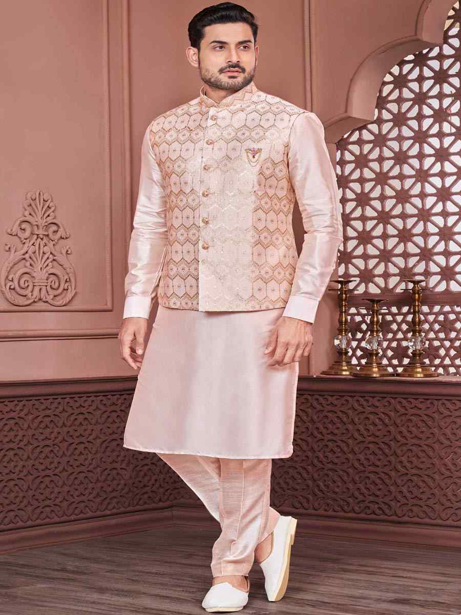 Peach Art Banarasi Silk Woven Festival Wedding Kurta