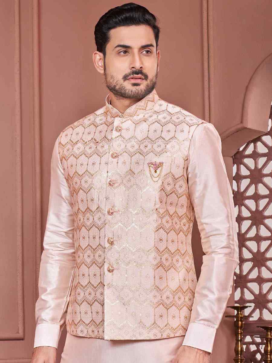 Peach Art Banarasi Silk Woven Festival Wedding Kurta