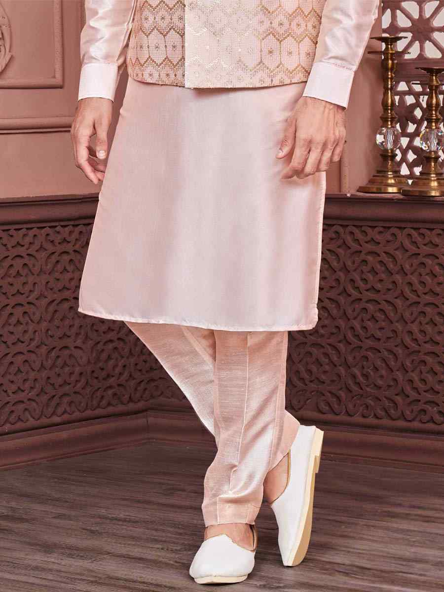 Peach Art Banarasi Silk Woven Festival Wedding Kurta