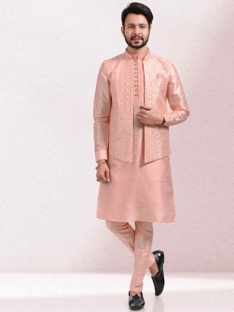 Peach Art Banarasi Silk Woven Festival Wedding Kurta