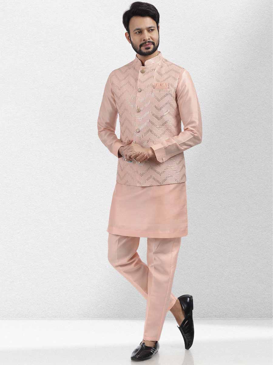 Peach Art Banarasi Silk Woven Festival Wedding Kurta