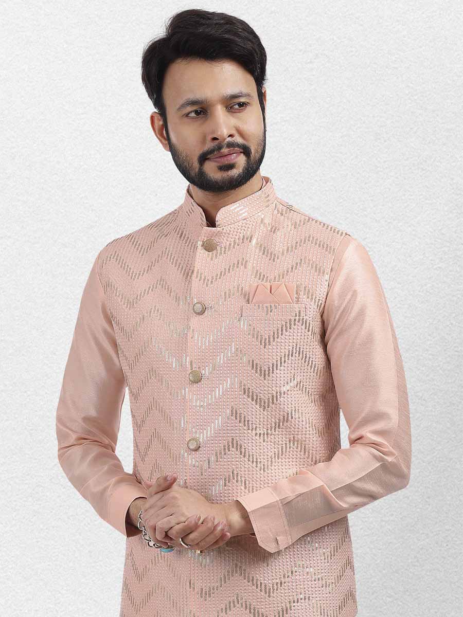 Peach Art Banarasi Silk Woven Festival Wedding Kurta