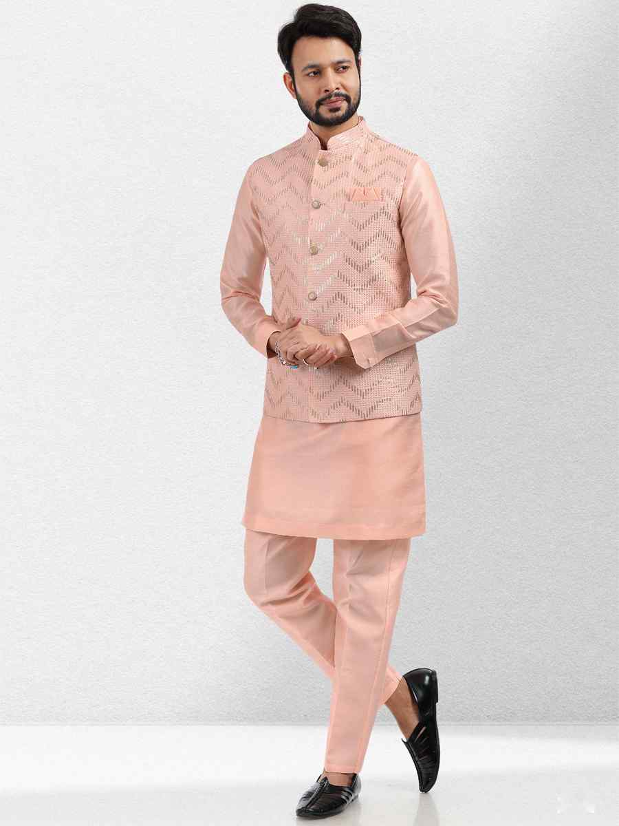 Peach Art Banarasi Silk Woven Festival Wedding Kurta