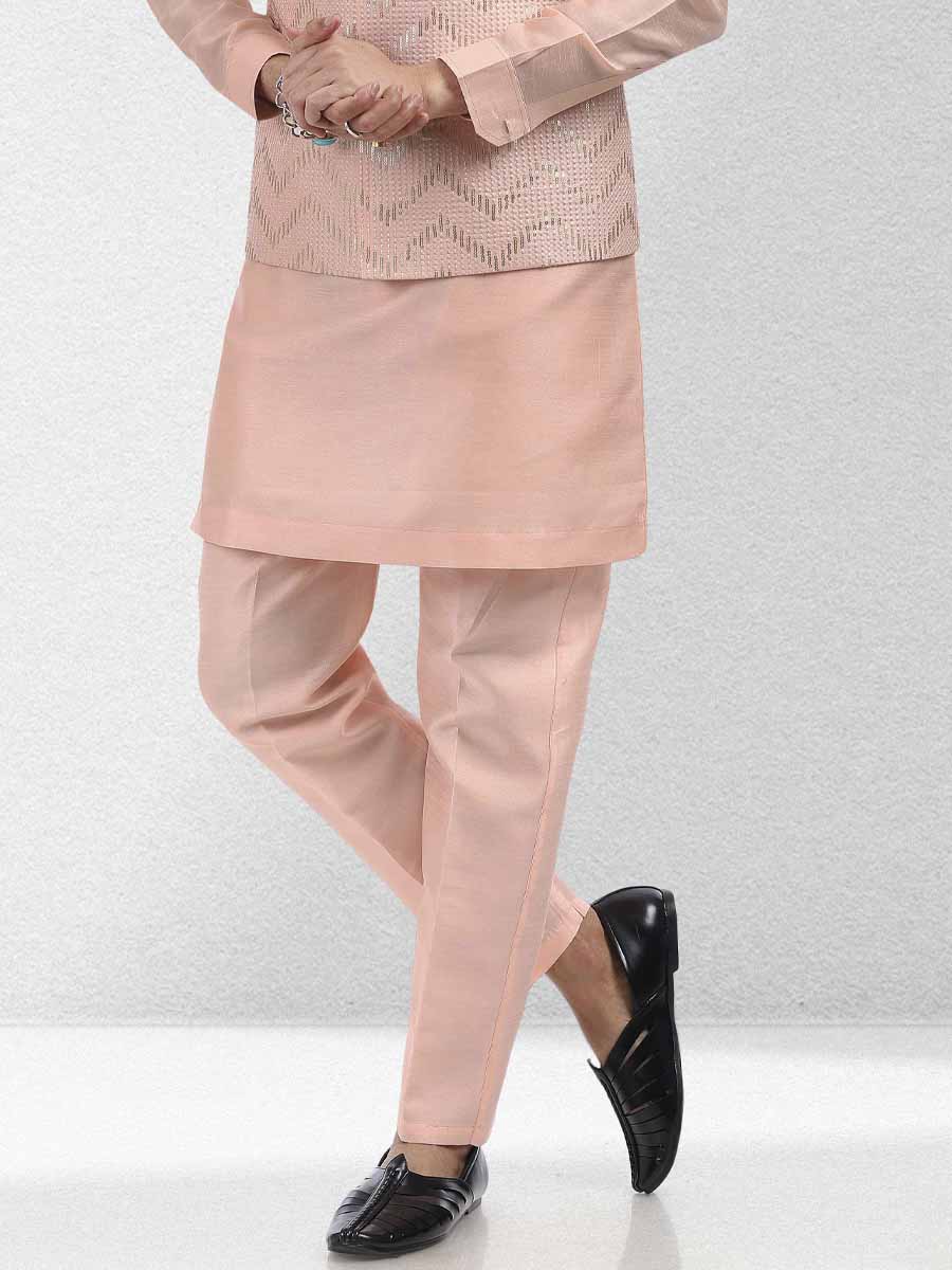 Peach Art Banarasi Silk Woven Festival Wedding Kurta