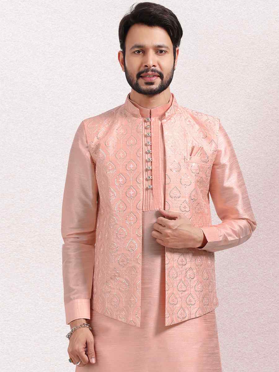 Peach Art Banarasi Silk Woven Festival Wedding Kurta