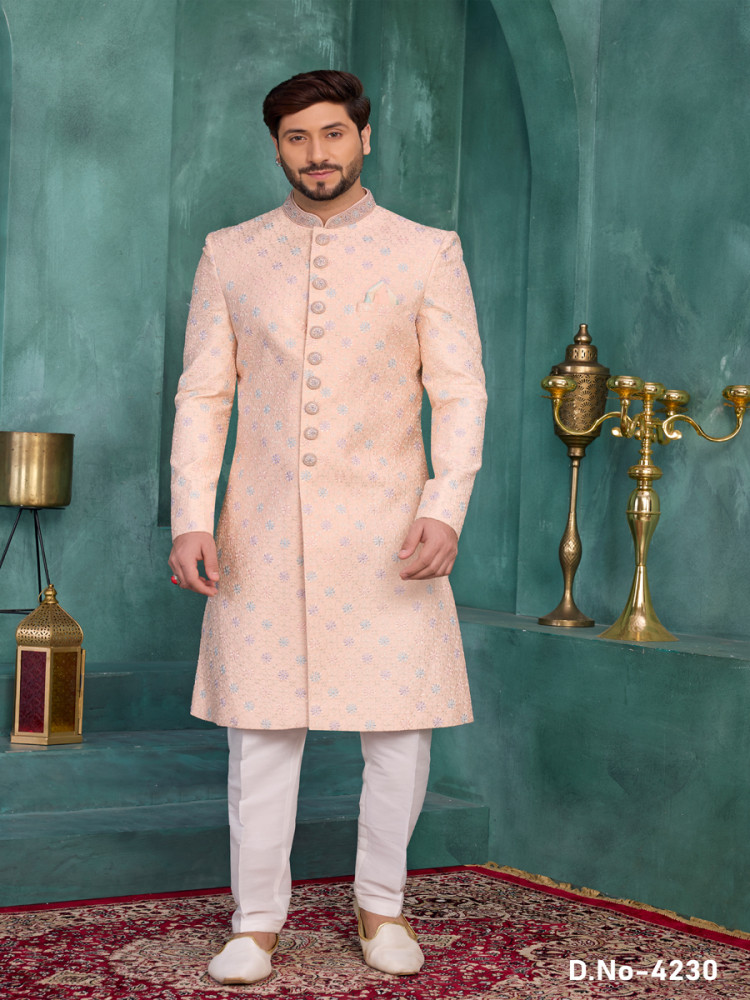Image of Peach Art silk Embroidered Computer Thread work Wedding Party Festival Groom Sherwani