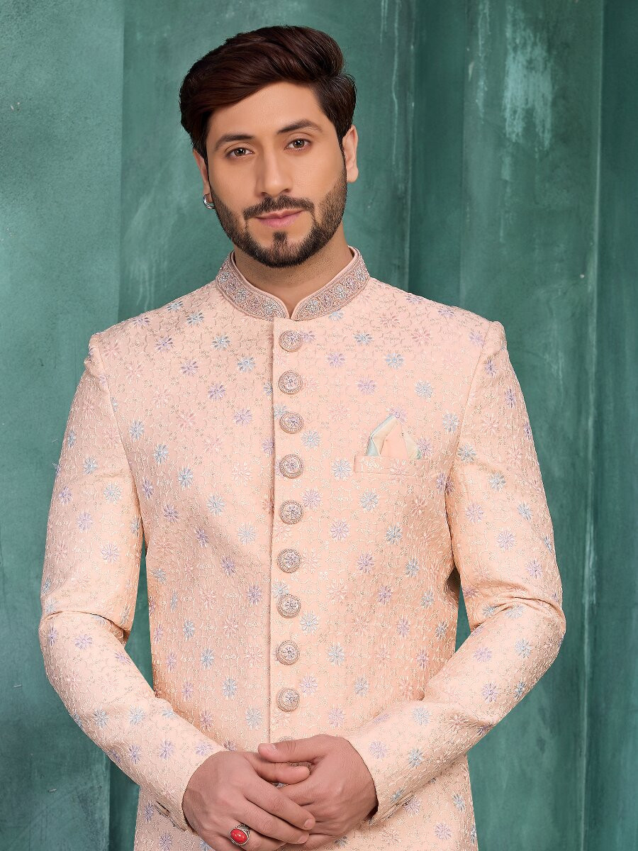 Peach Art silk Embroidered Computer Thread work Wedding Party Festival Groom Sherwani