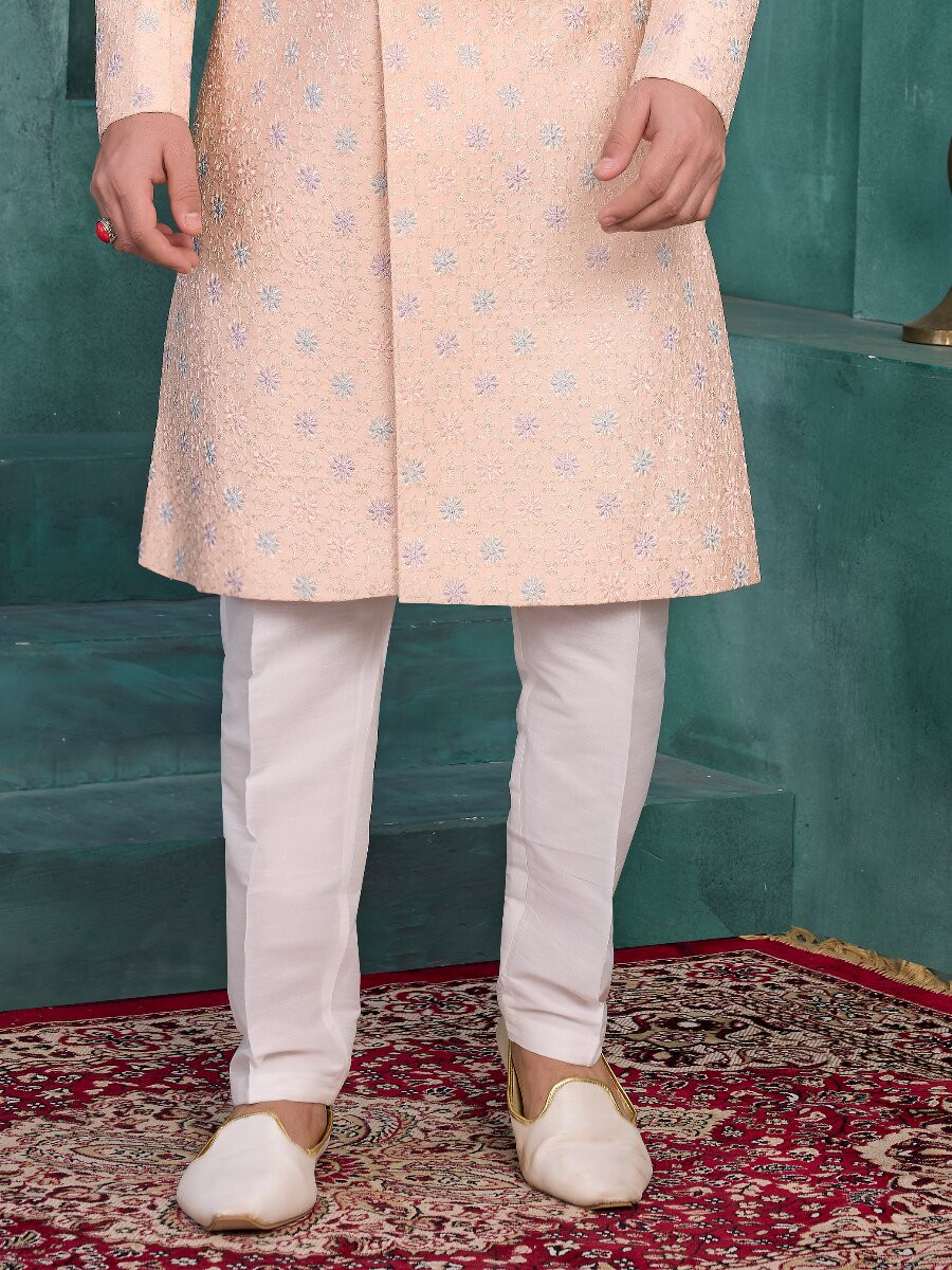 Peach Art silk Embroidered Computer Thread work Wedding Party Festival Groom Sherwani