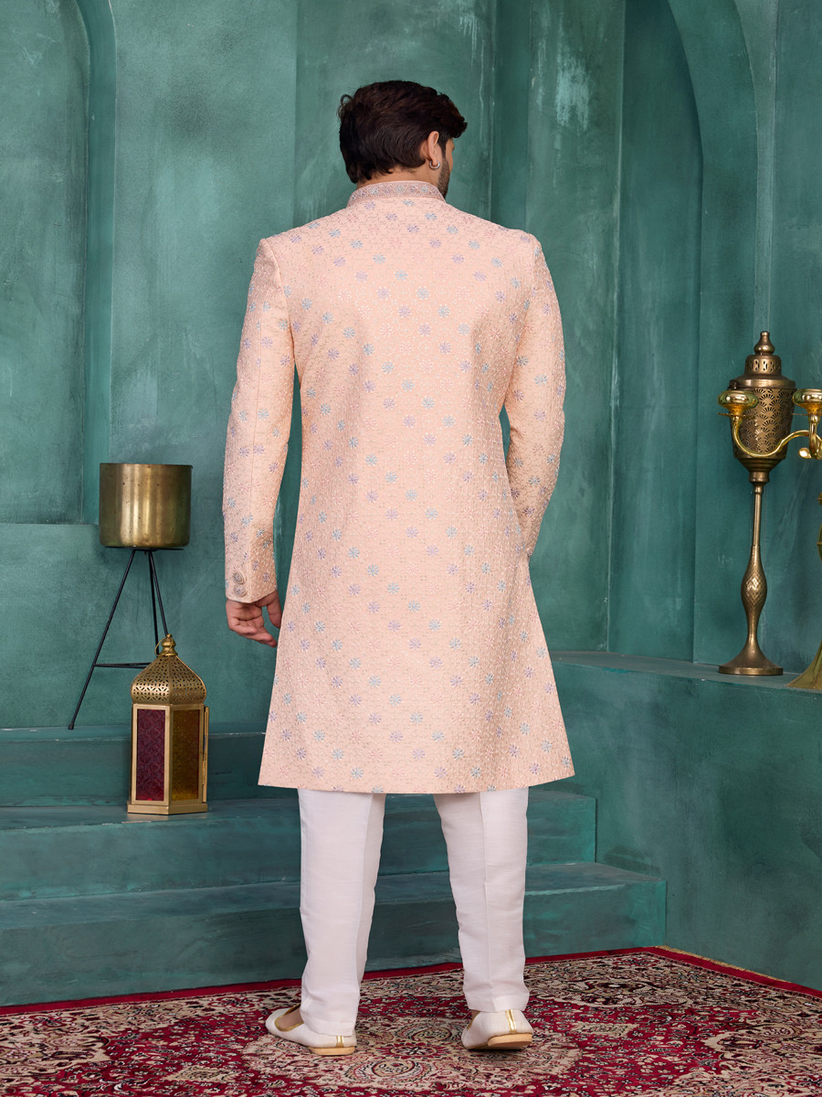 Peach Art silk Embroidered Computer Thread work Wedding Party Festival Groom Sherwani