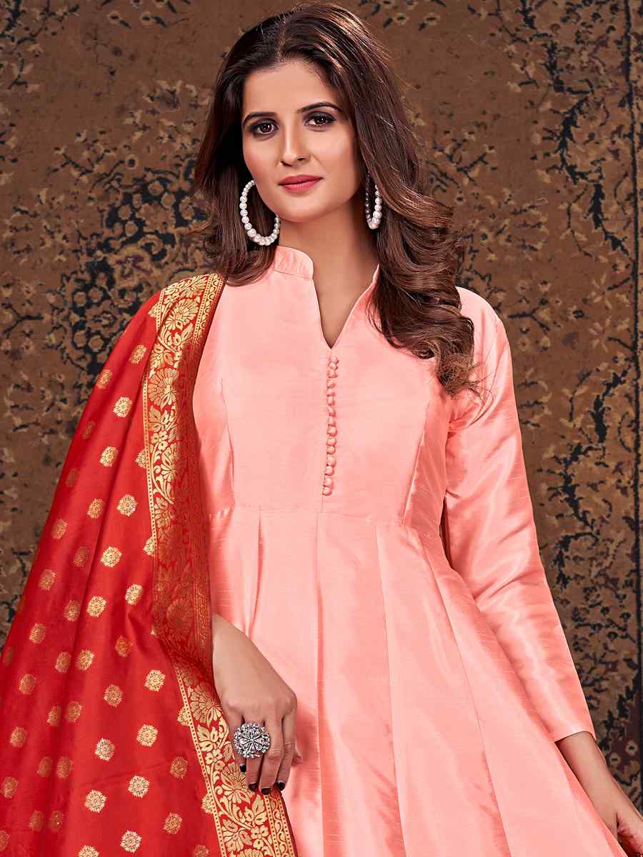 Peach Art Silk Embroidered Festival Anarkali Salwar Kameez