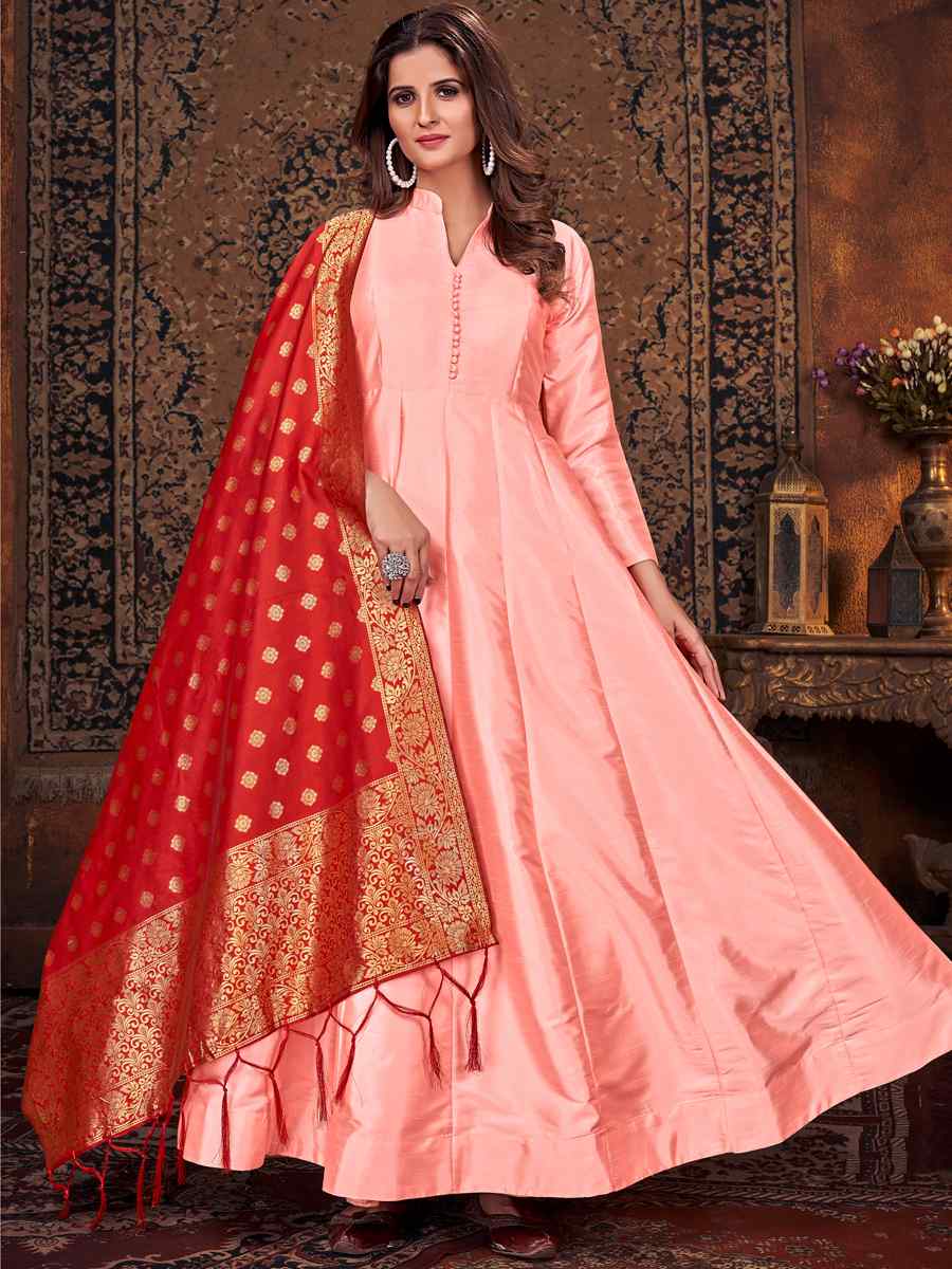 Peach Art Silk Embroidered Festival Anarkali Salwar Kameez
