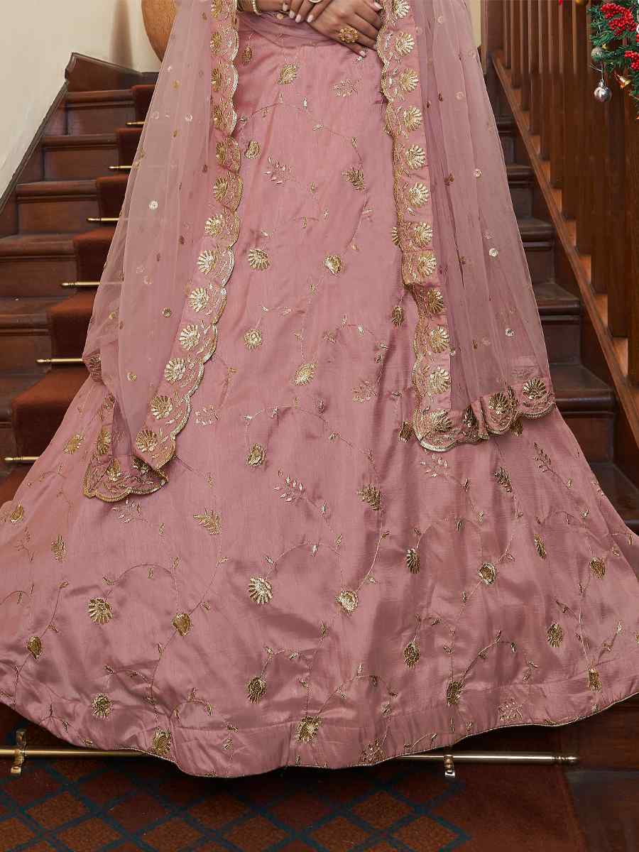 Peach Art Silk Embroidered Festival Party Wear Heavy Border Lehenga Choli