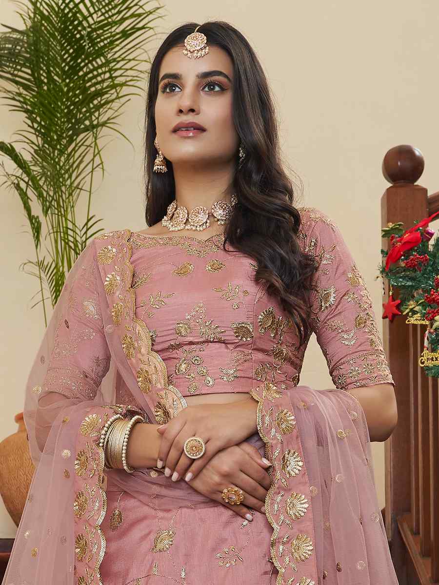 Peach Art Silk Embroidered Festival Party Wear Heavy Border Lehenga Choli
