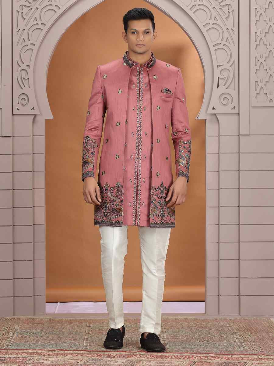 Peach Art Silk Embroidered Festival Wedding Mens 3 PCS Indo Western Set