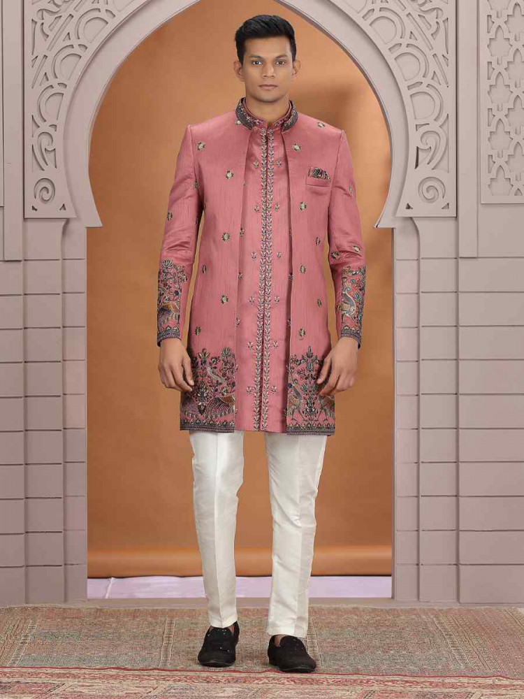 Image of Peach Art Silk Embroidered Festival Wedding Mens 3 PCS Indo Western Set