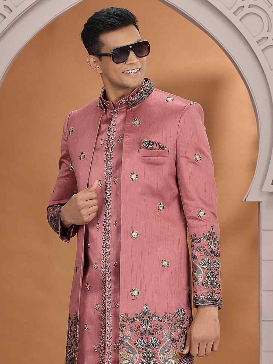 Peach Art Silk Embroidered Festival Wedding Mens 3 PCS Indo Western Set