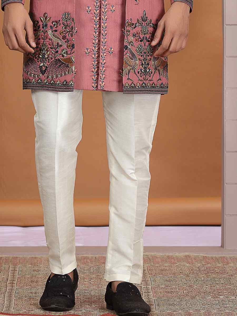 Peach Art Silk Embroidered Festival Wedding Mens 3 PCS Indo Western Set