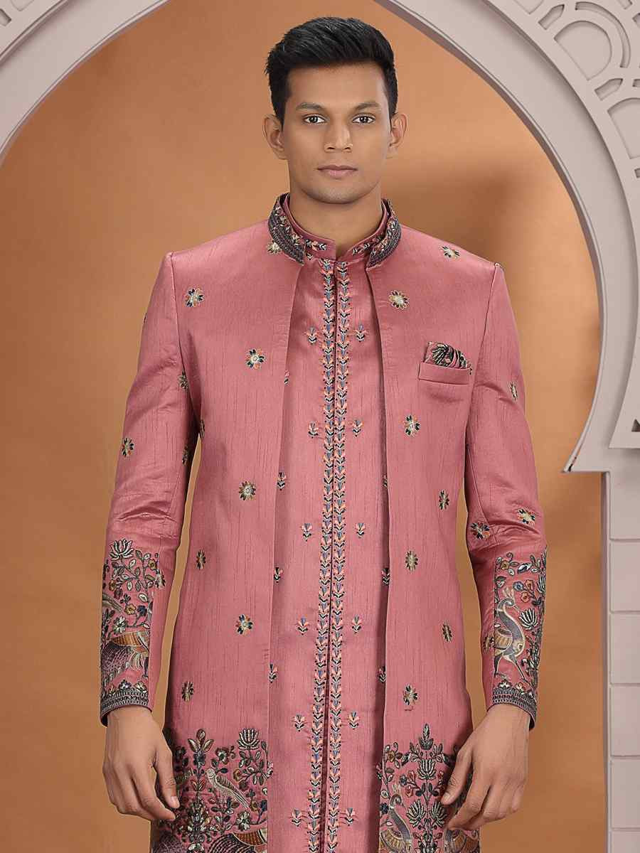 Peach Art Silk Embroidered Festival Wedding Mens 3 PCS Indo Western Set