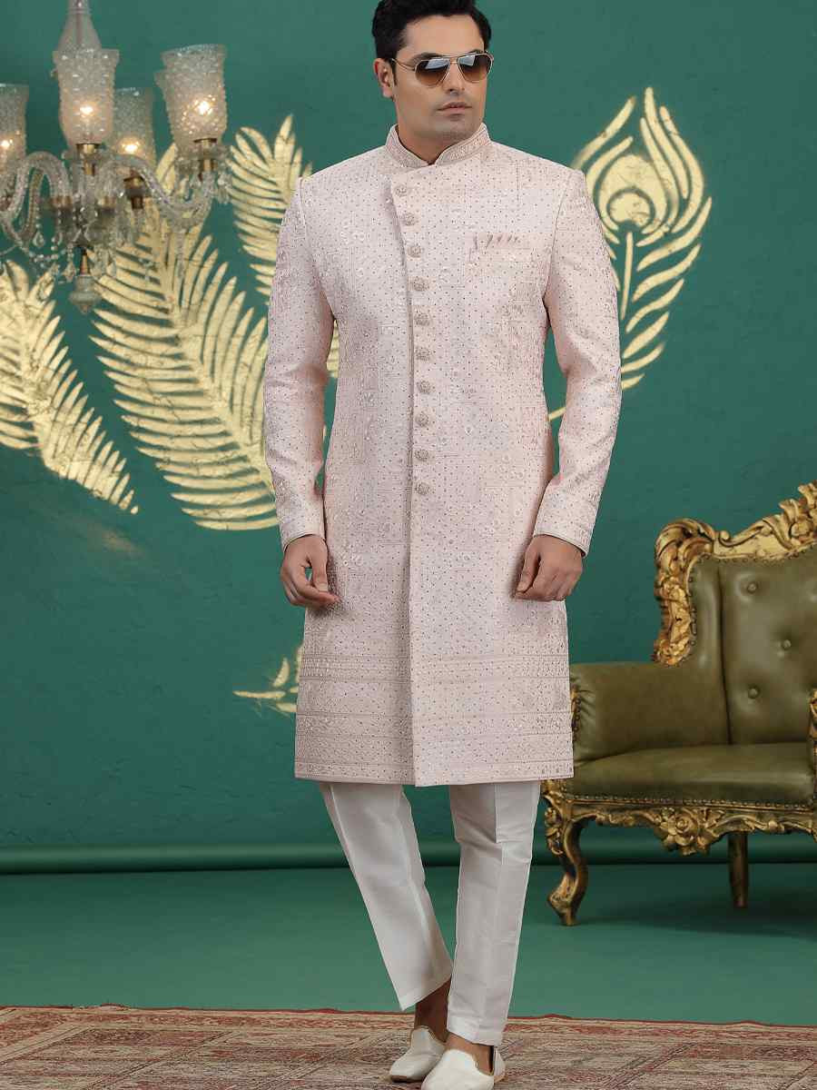 Peach Art Silk Embroidered Festival Wedding Mens Sherwani
