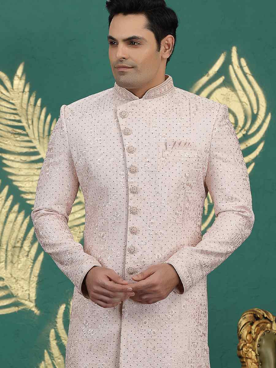 Peach Art Silk Embroidered Festival Wedding Mens Sherwani
