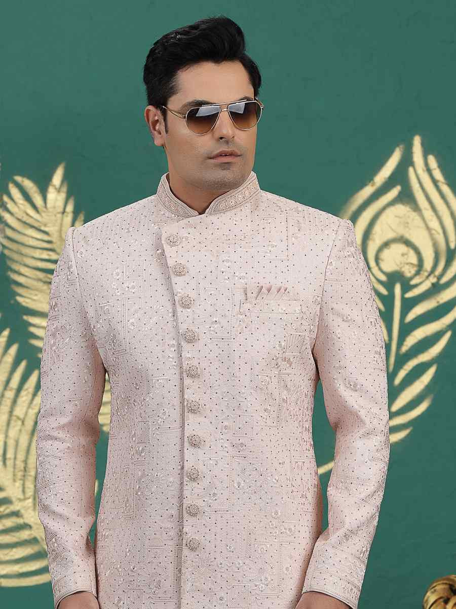 Peach Art Silk Embroidered Festival Wedding Mens Sherwani