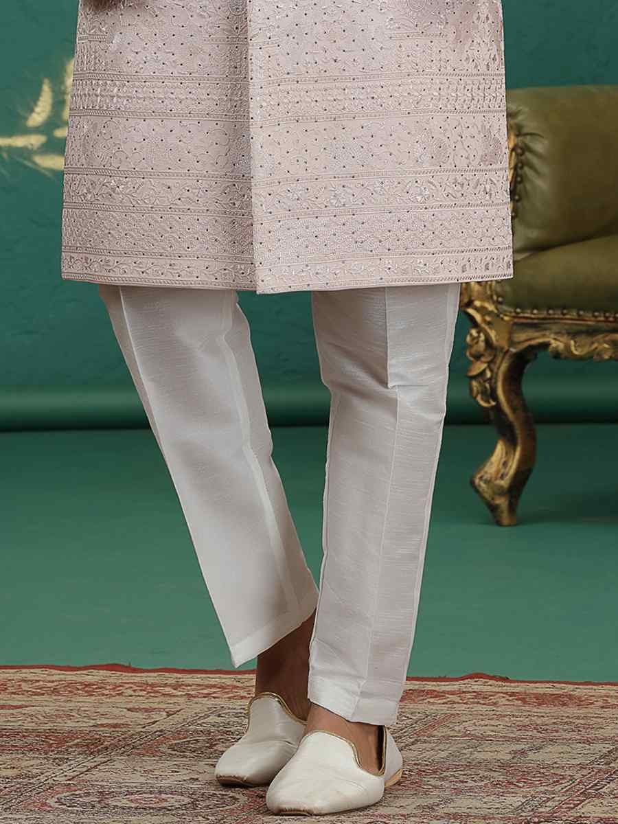 Peach Art Silk Embroidered Festival Wedding Mens Sherwani