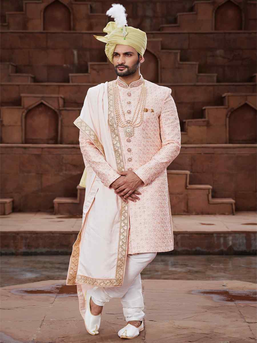 Peach Art Silk Embroidered Groom Wedding Sherwani