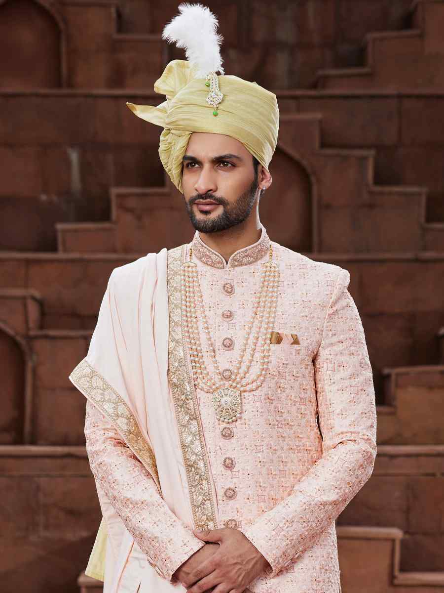 Peach Art Silk Embroidered Groom Wedding Sherwani