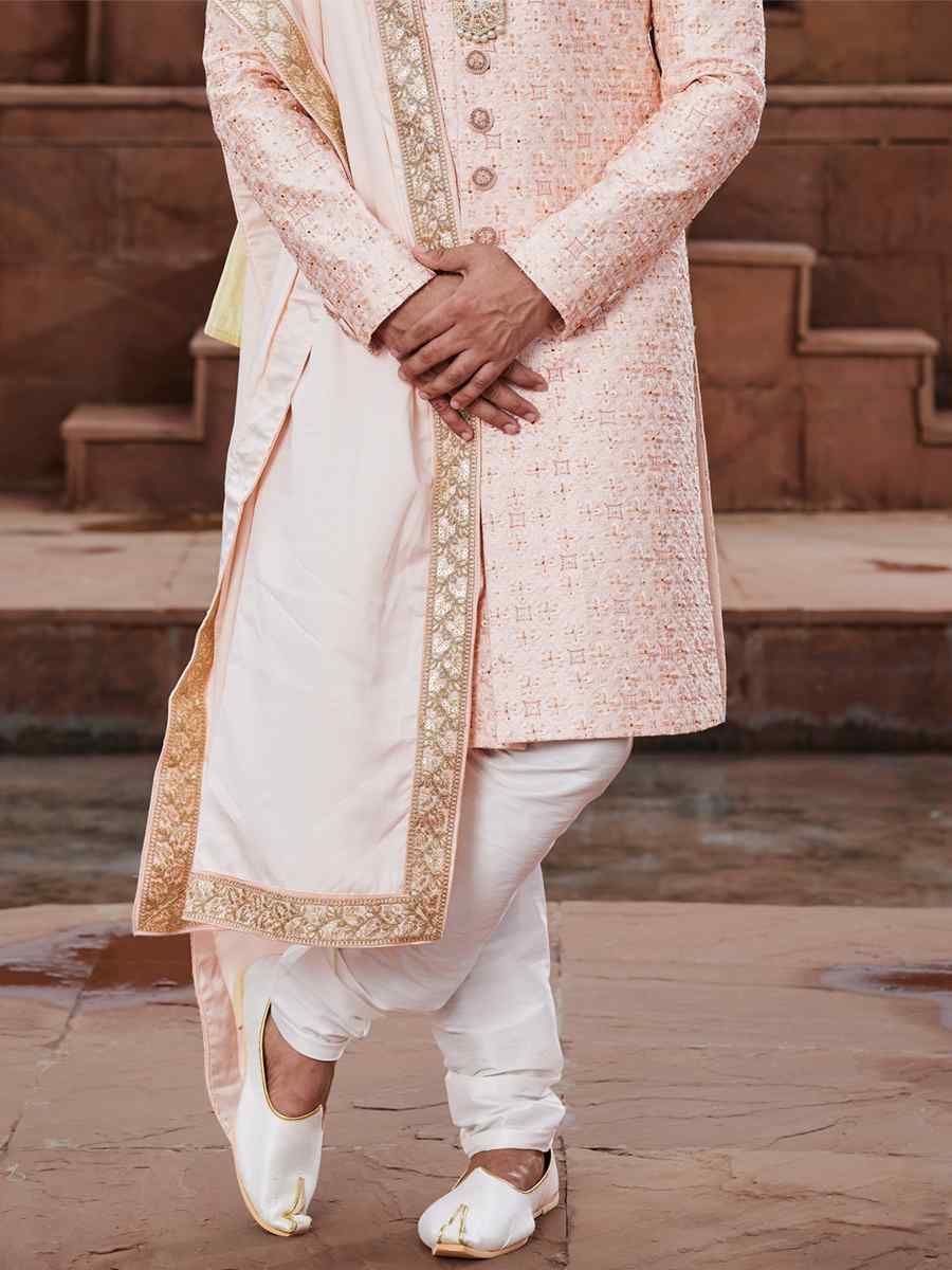Peach Art Silk Embroidered Groom Wedding Sherwani