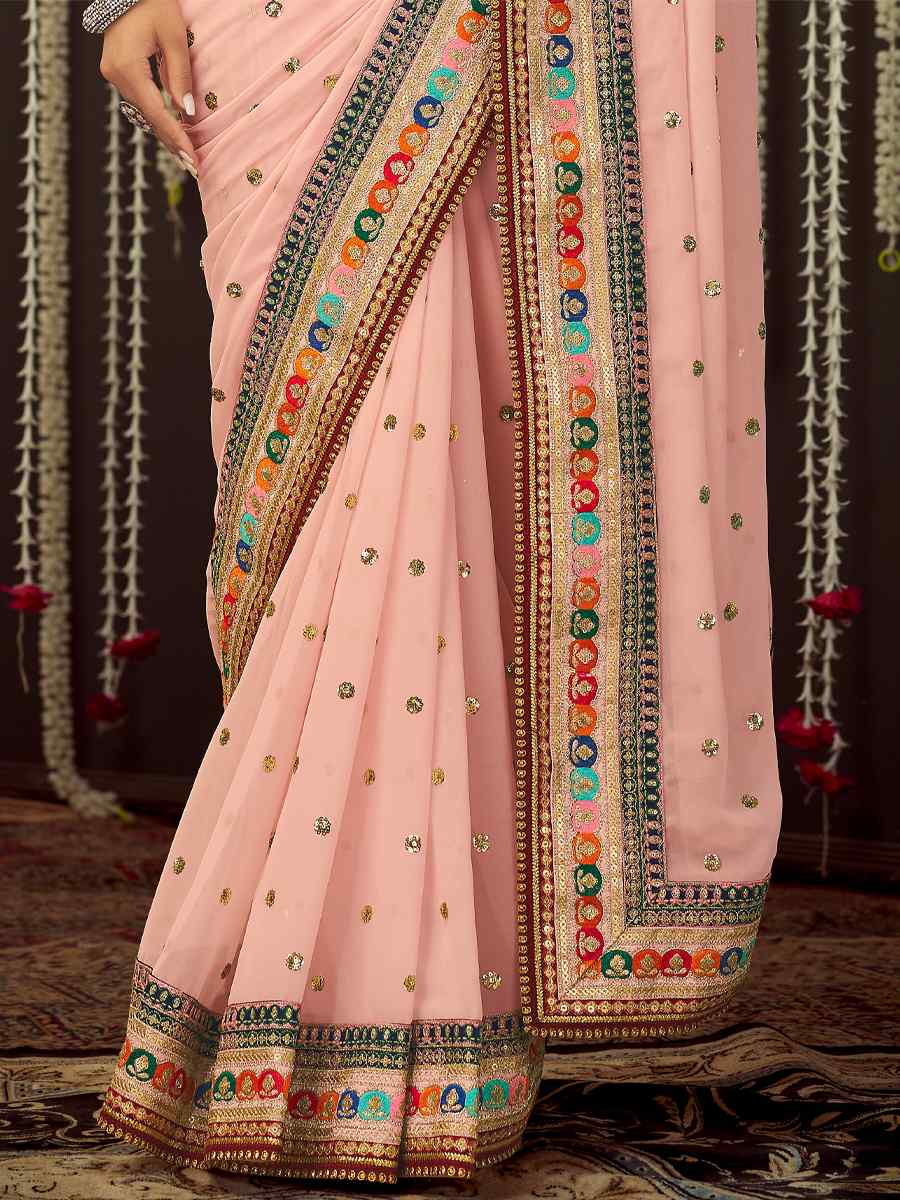 Peach Art Silk Embroidered Party Festival Classic Style Saree
