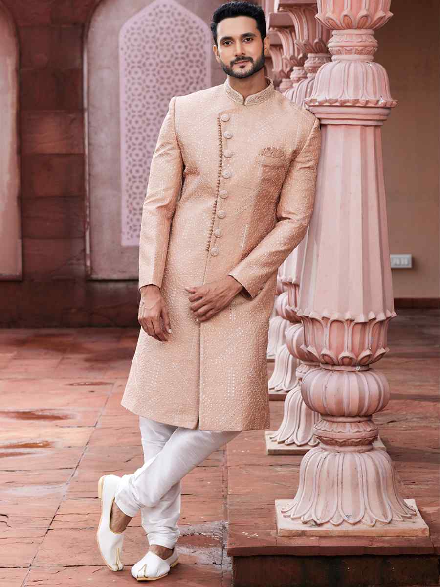 Peach Art Silk Embroidered Wedding Party Sherwani