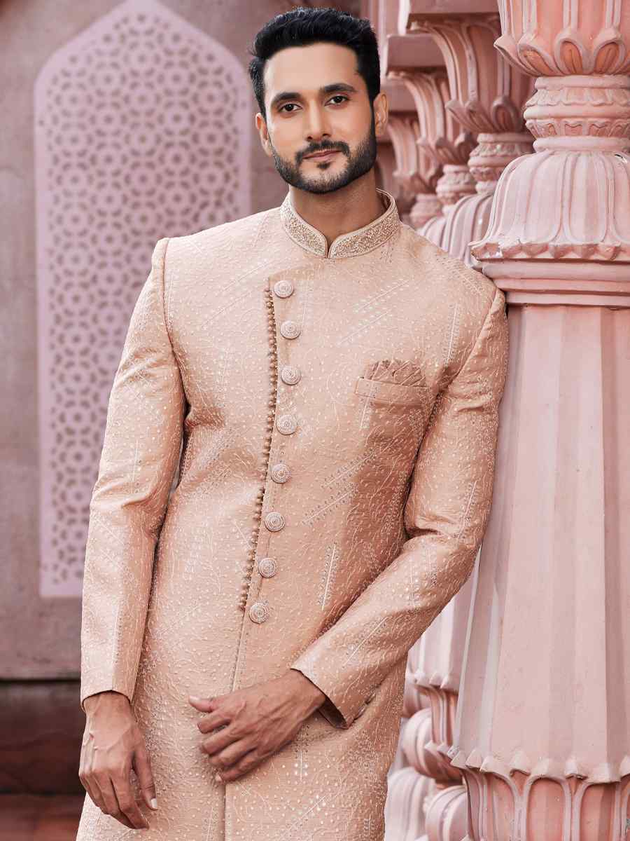Peach Art Silk Embroidered Wedding Party Sherwani