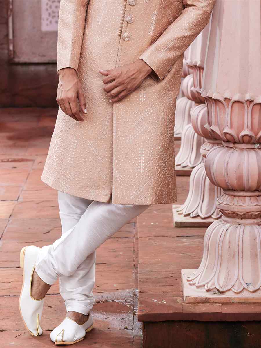 Peach Art Silk Embroidered Wedding Party Sherwani