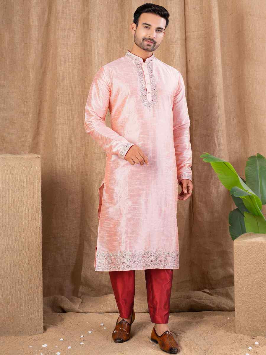 Peach Art Silk Embroidery Festival Wedding Party Mens Kurta