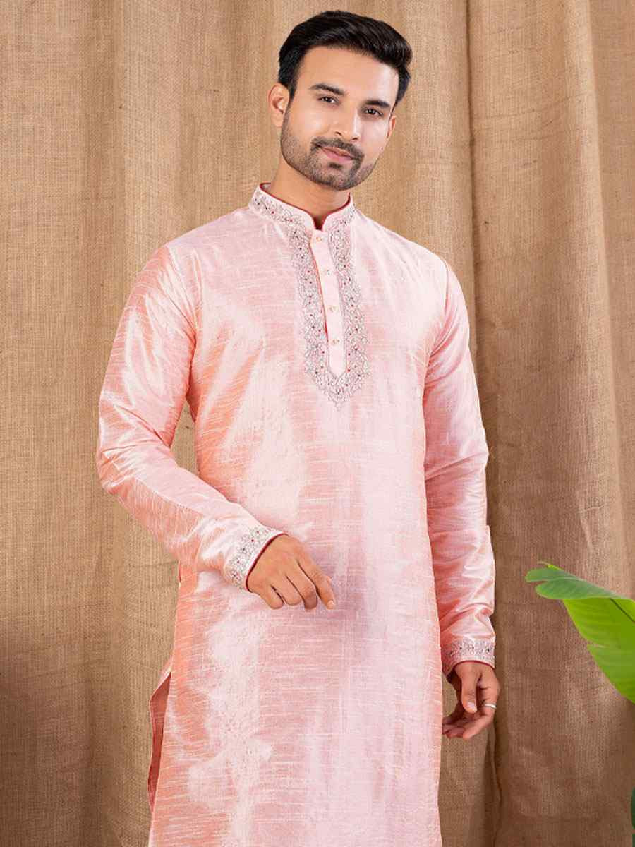 Peach Art Silk Embroidery Festival Wedding Party Mens Kurta