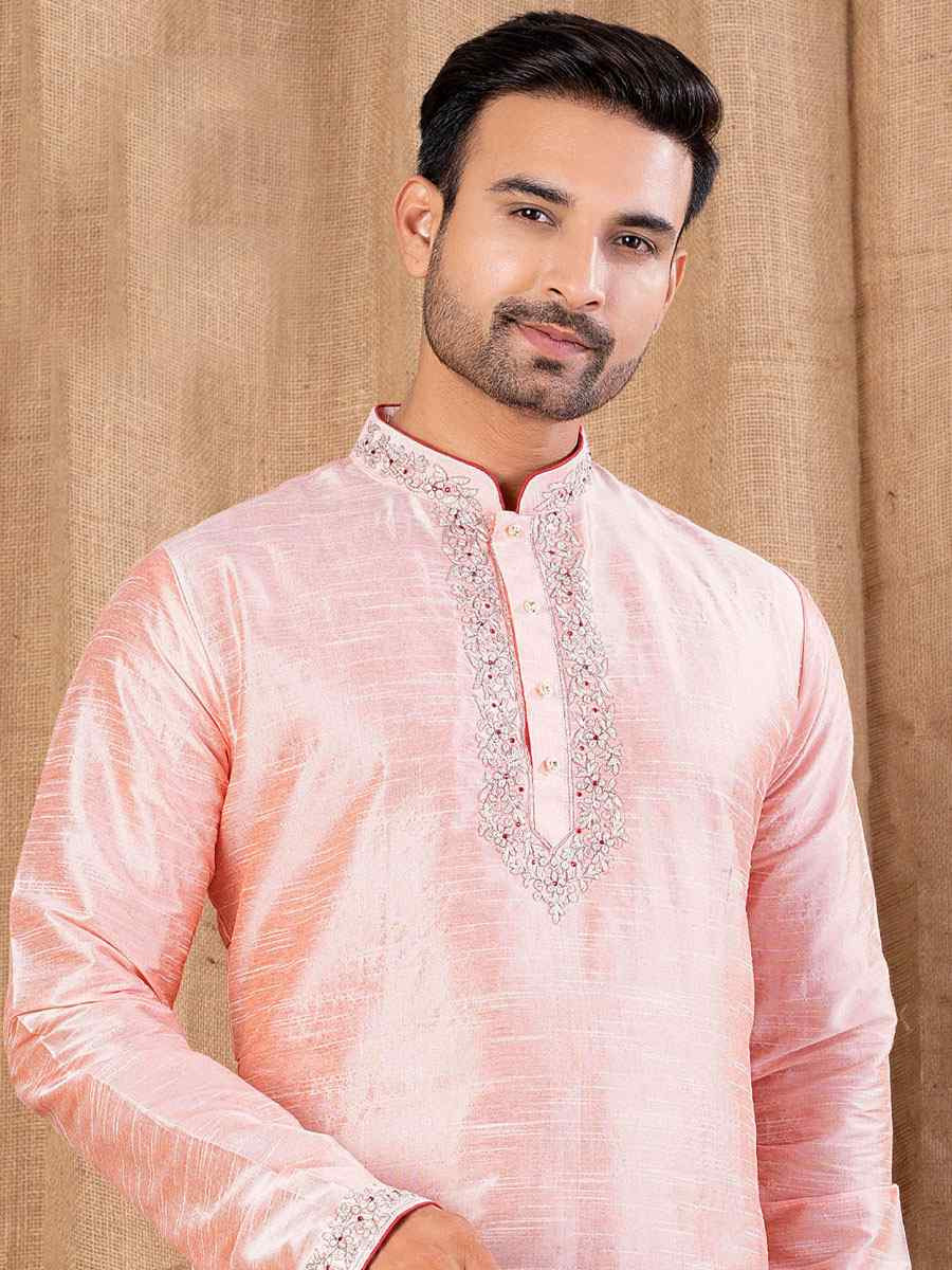 Peach Art Silk Embroidery Festival Wedding Party Mens Kurta