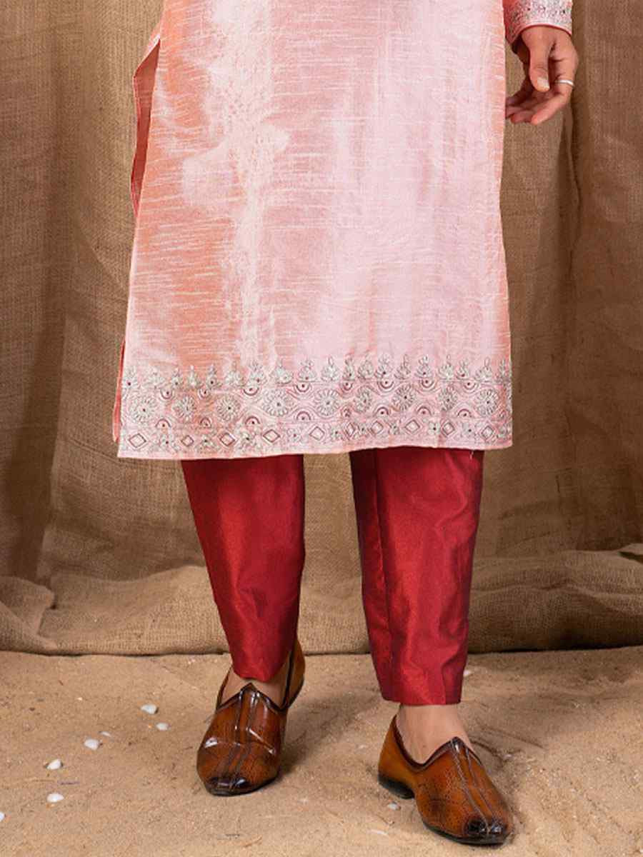 Peach Art Silk Embroidery Festival Wedding Party Mens Kurta