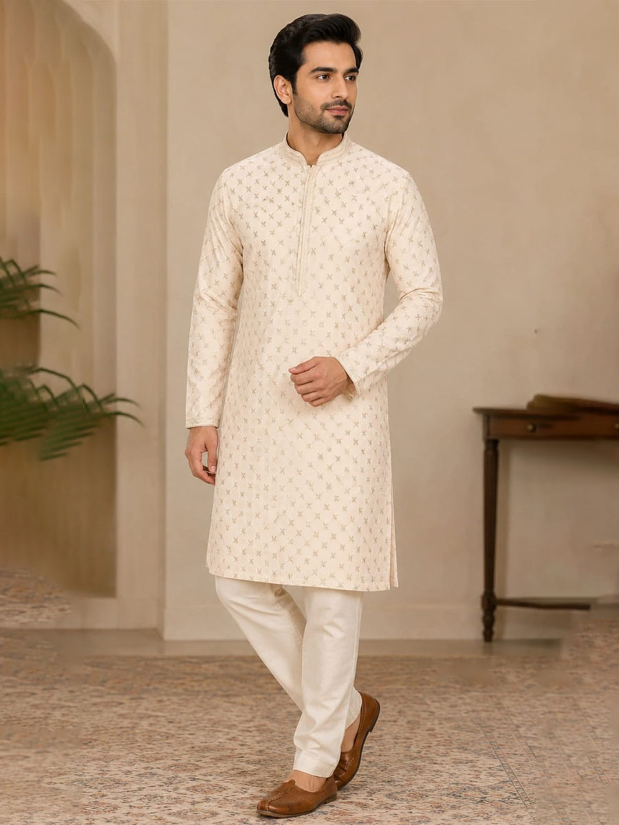 Peach Art Silk Embroidery Wedding Party Festival Casual Mens Wear Kurta