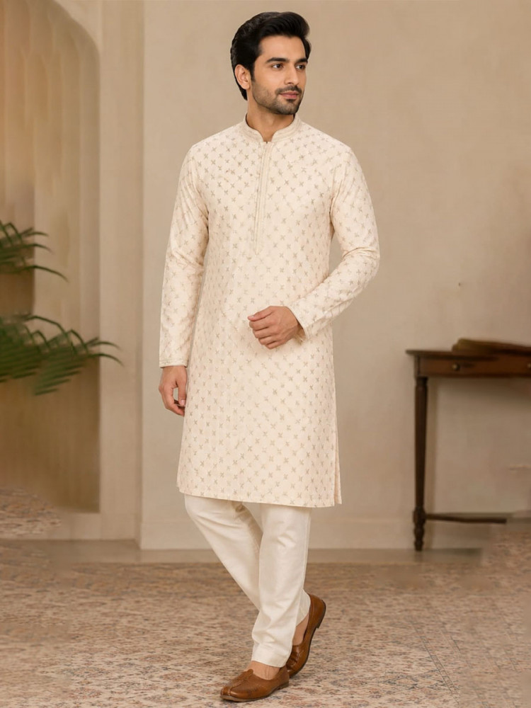 Image of Peach Art Silk Embroidery Wedding Party Festival Casual Mens Wear Kurta