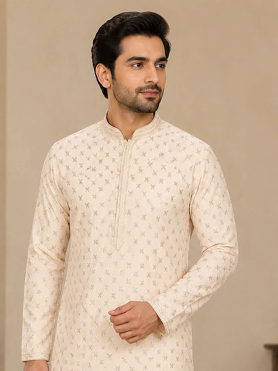 Peach Art Silk Embroidery Wedding Party Festival Casual Mens Wear Kurta
