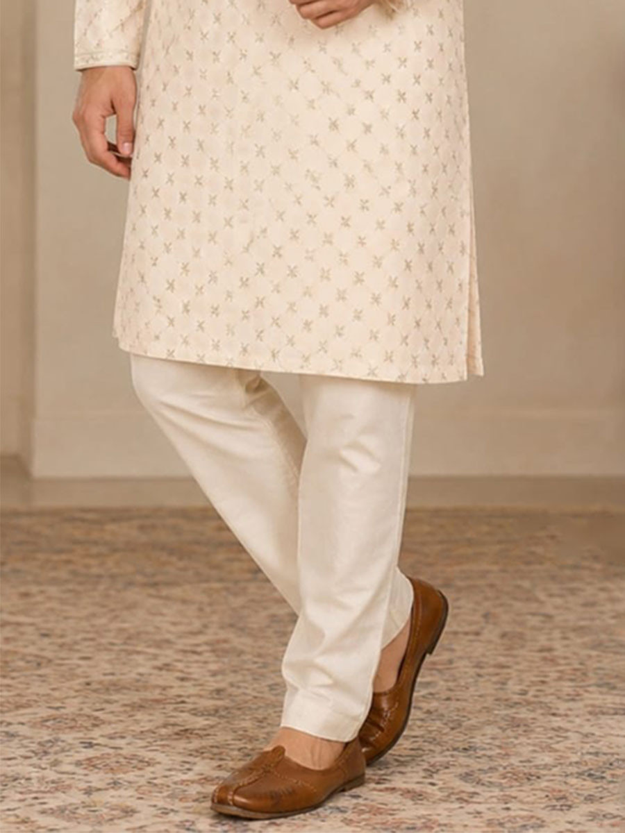Peach Art Silk Embroidery Wedding Party Festival Casual Mens Wear Kurta