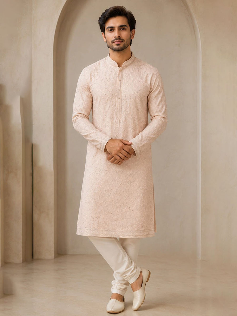 Peach Art Silk Embroidery Wedding Party Festival Casual Mens Wear Kurta
