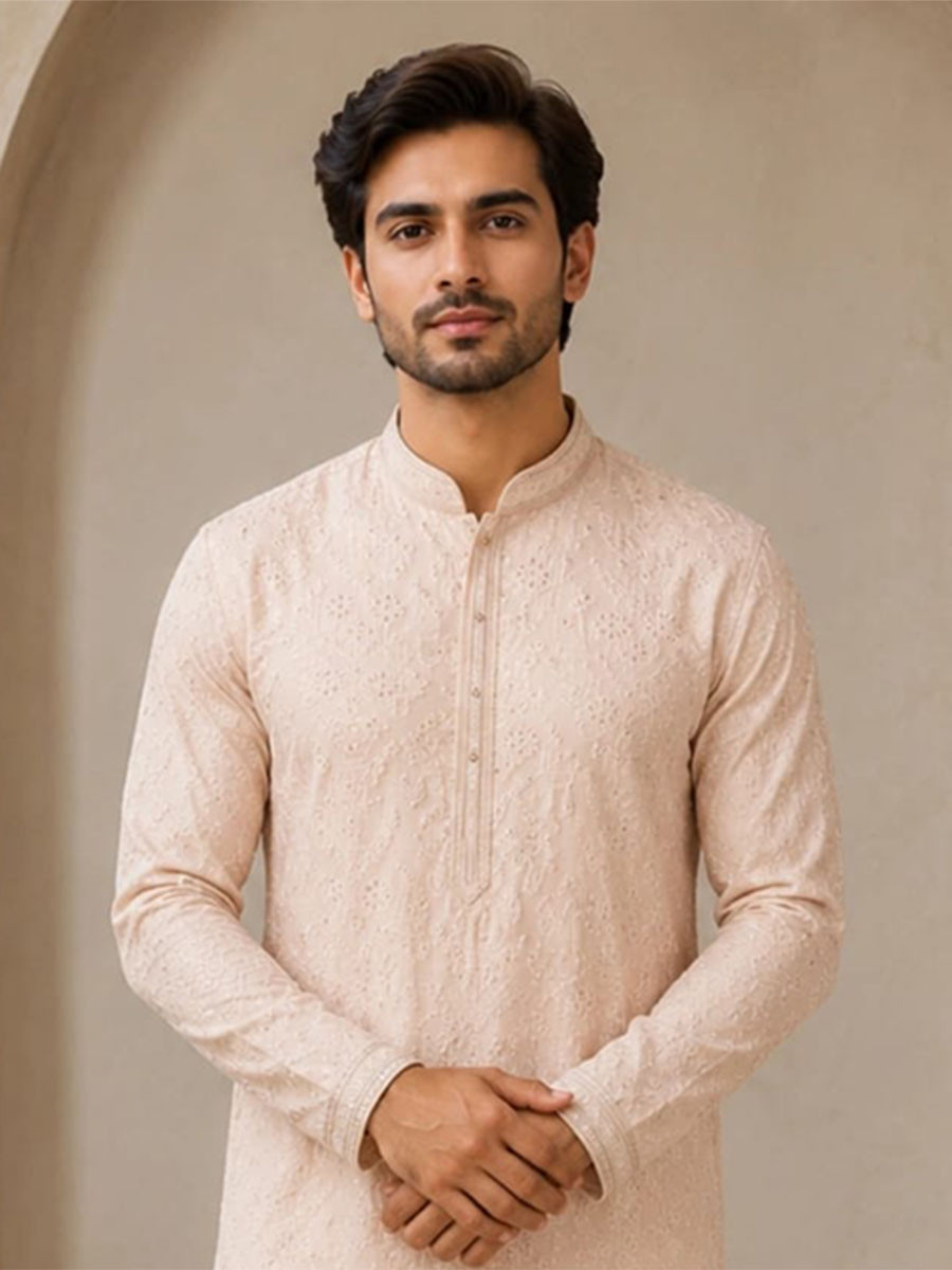 Peach Art Silk Embroidery Wedding Party Festival Casual Mens Wear Kurta