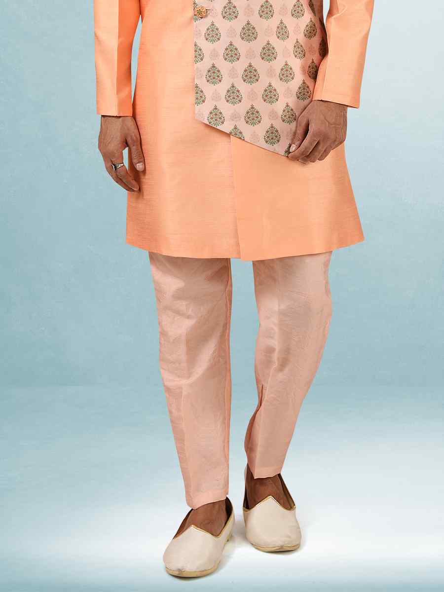 Peach Art Silk Plain Printed Party Wedding Sherwani