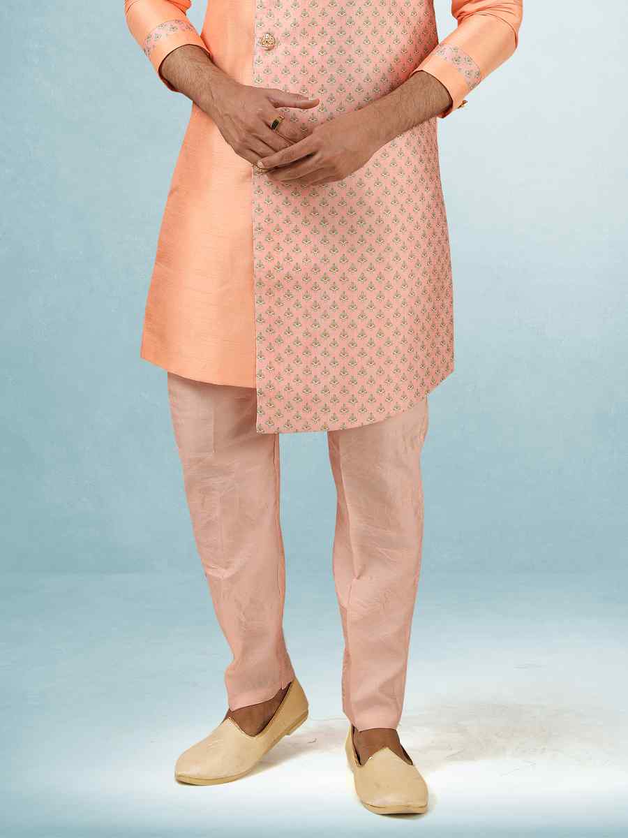 Peach Art Silk Plain Printed Party Wedding Sherwani