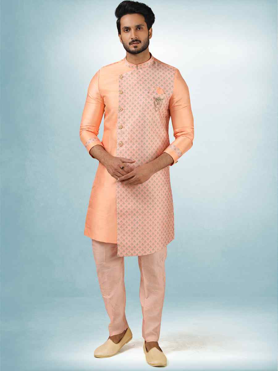Peach Art Silk Plain Printed Party Wedding Sherwani