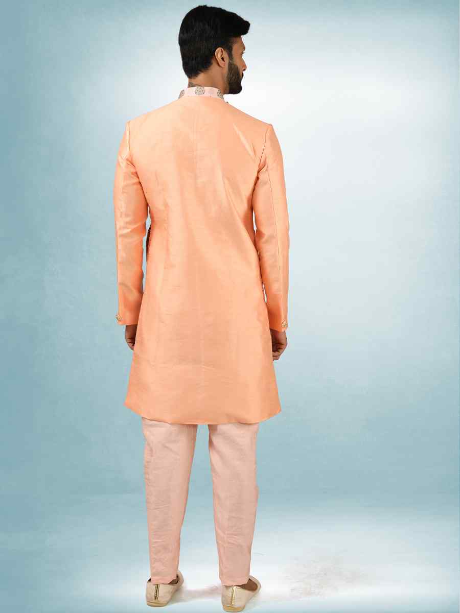 Peach Art Silk Plain Printed Party Wedding Sherwani