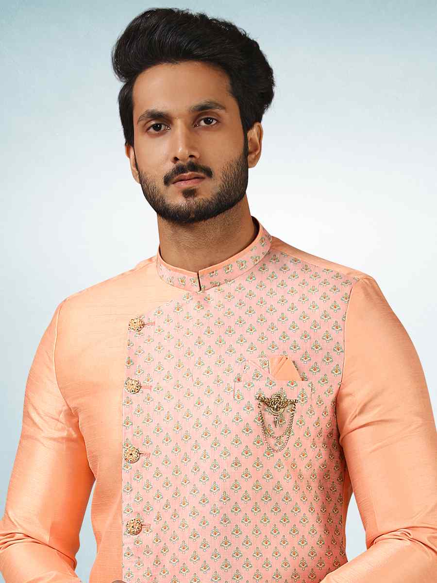 Peach Art Silk Plain Printed Party Wedding Sherwani