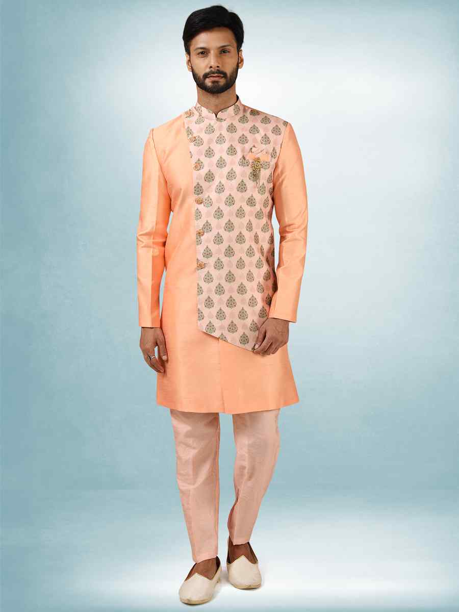 Peach Art Silk Plain Printed Party Wedding Sherwani