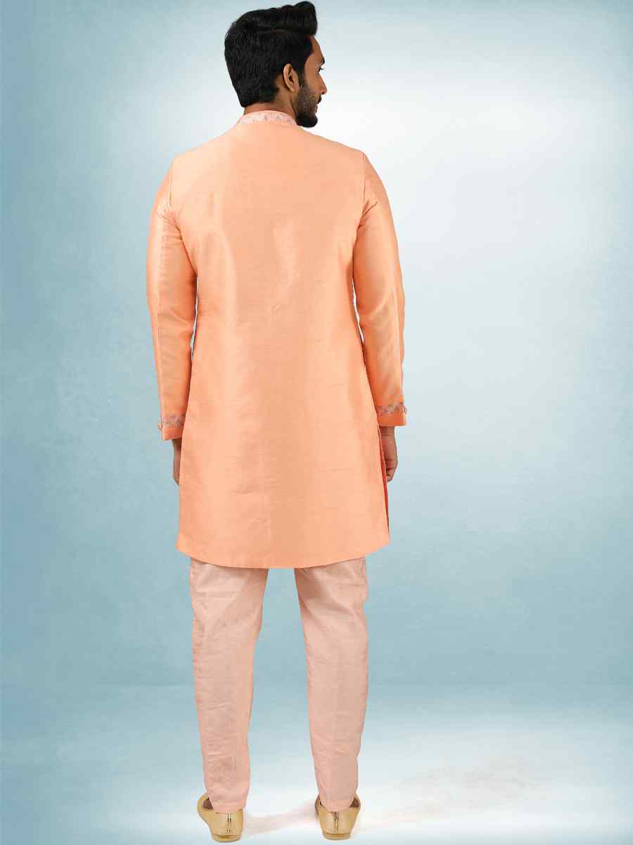 Peach Art Silk Plain Printed Party Wedding Sherwani